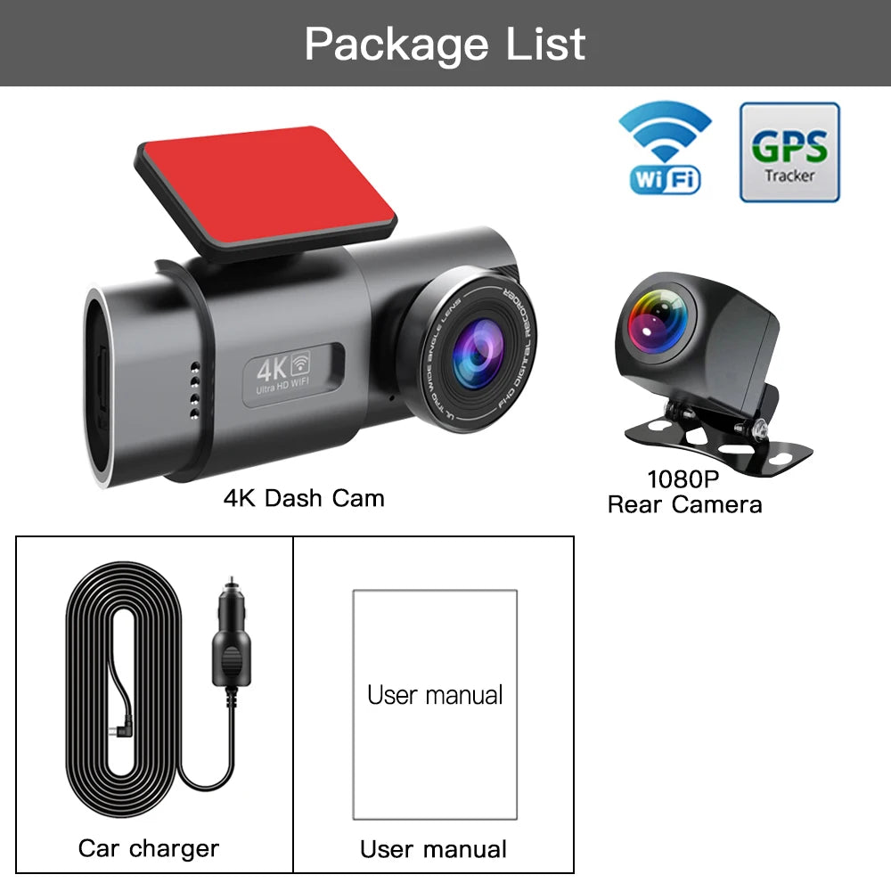 4K+1080P Dual Lens Dash Cam – Night Vision & WiFi