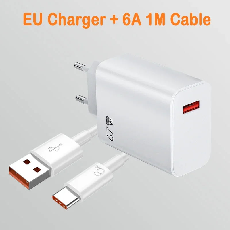 67W USB Super Fast Charger 6A Type C Cable Phone Power Adapter