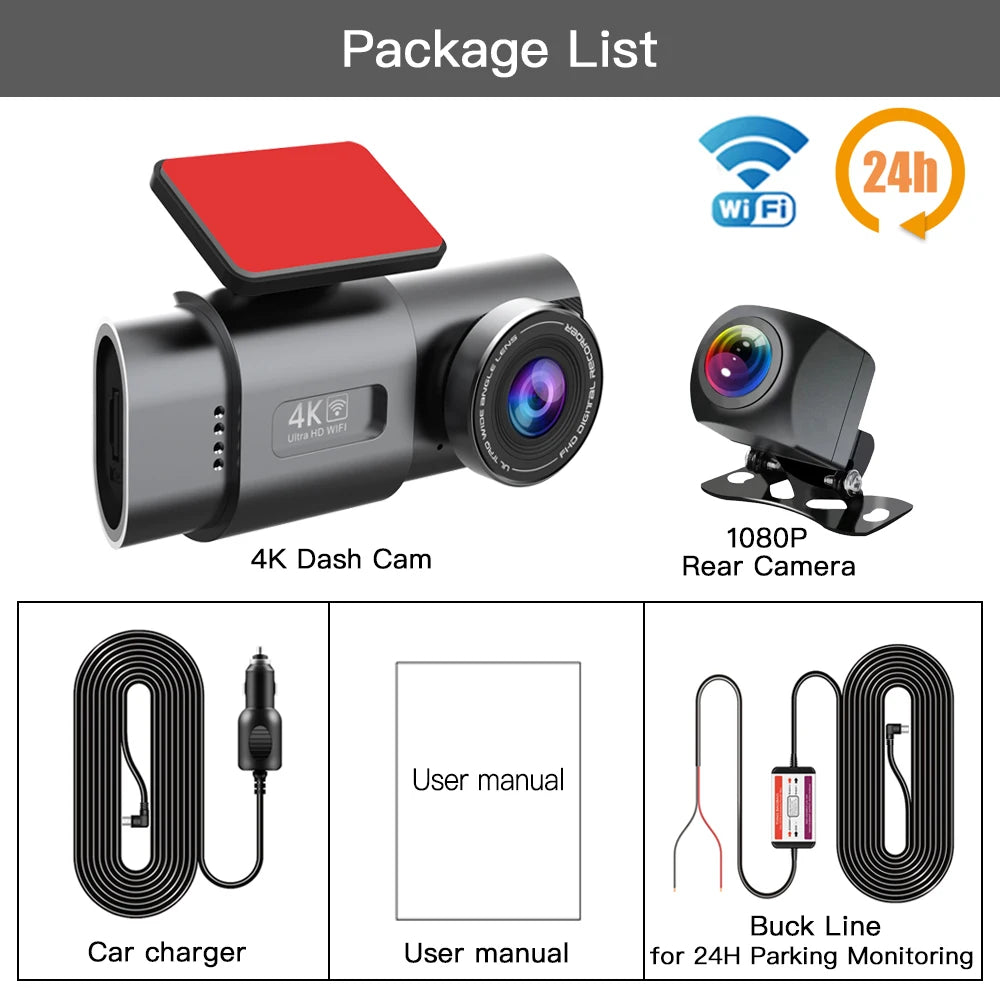 4K+1080P Dual Lens Dash Cam – Night Vision & WiFi