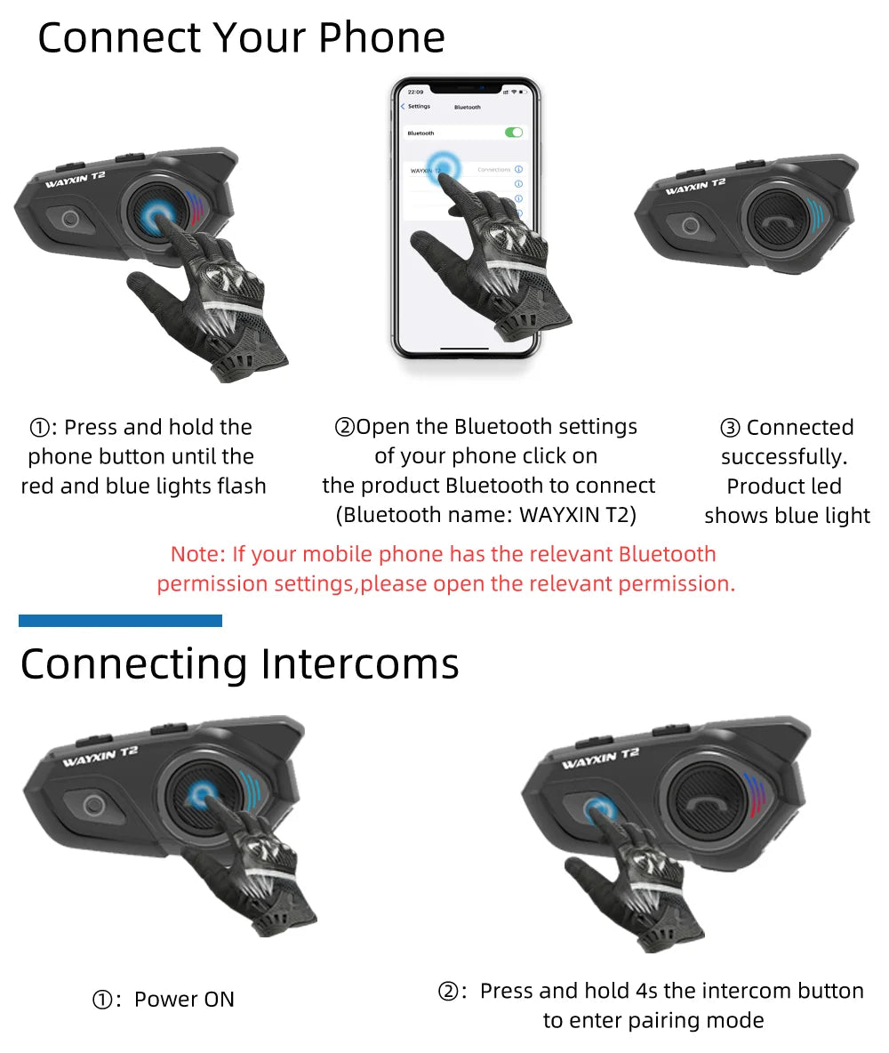 WAYXIN T2 Bluetooth Motorcycle Helmet Intercom
