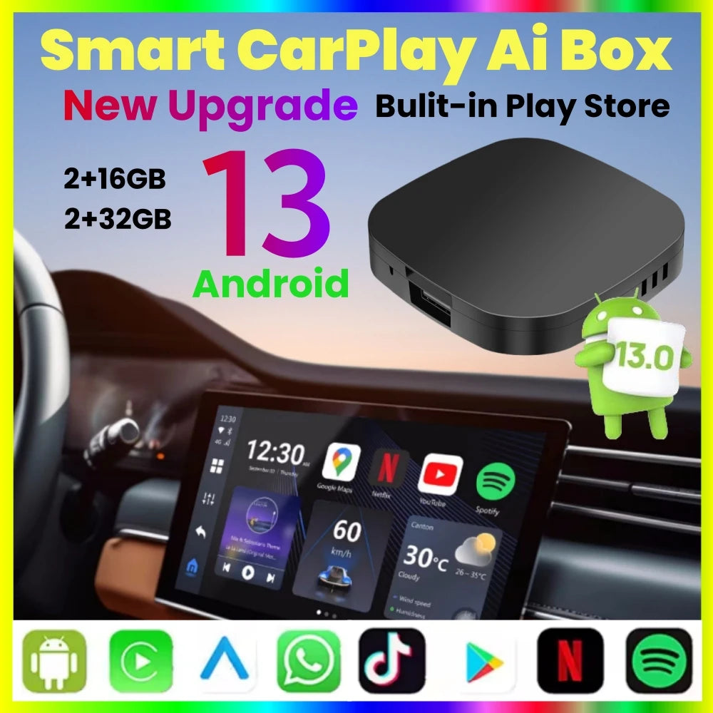Smart CarPlay AI Box – Android 13 TV Power in Your Car!