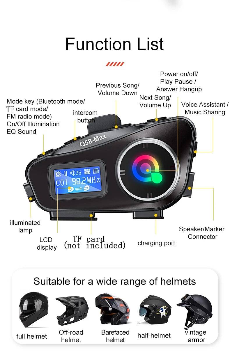 Q58-Max Motorcycle Bluetooth Intercom Headset