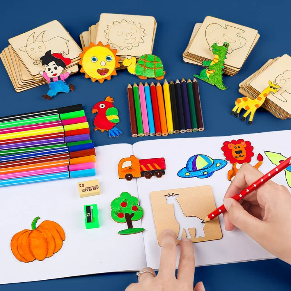 Montessori Wooden Drawing Stencils – 20pcs Creative Fun Set!