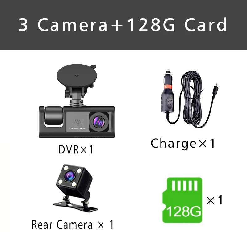 1080P 3-Lens Dash Cam with Interior View