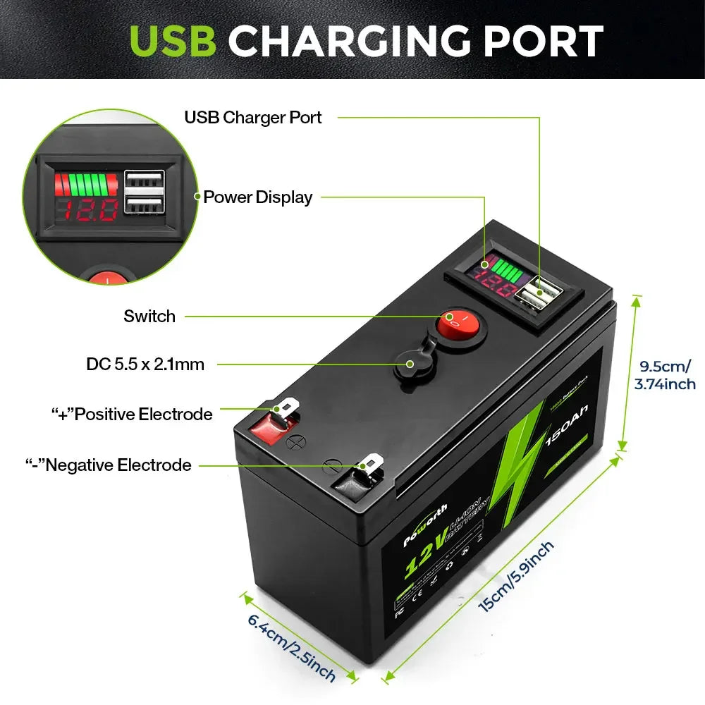 12V 150Ah Lithium Battery with BMS, 2000+ Cycles