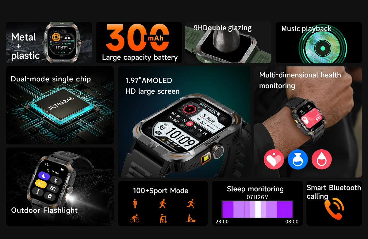 AMOLED Smart Watch with Flashlight & Compass