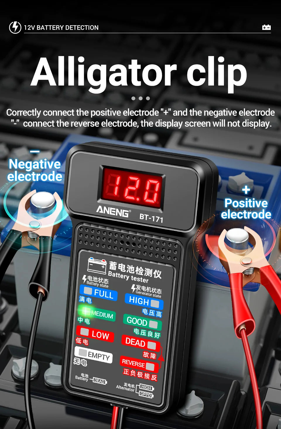 ANENG BT-171 12V Battery Tester – LED Display Diagnostic Tool