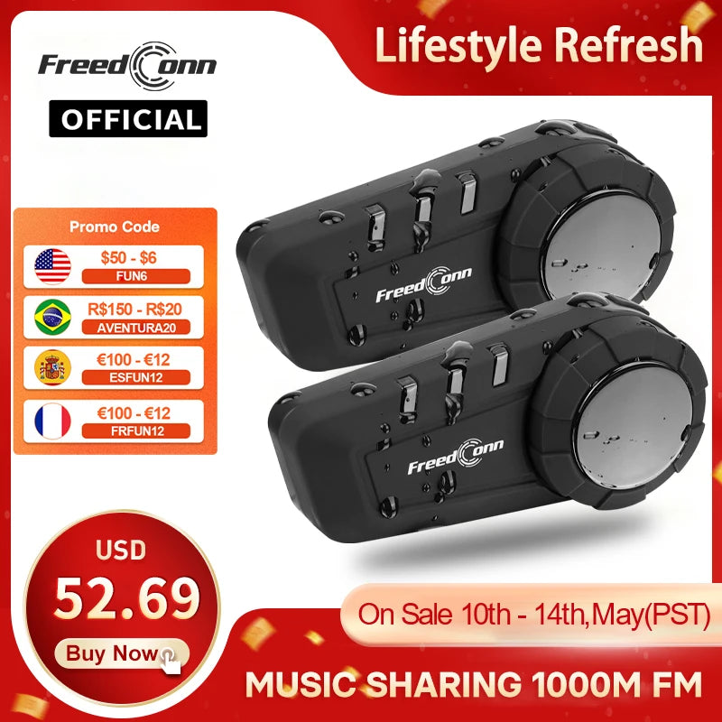 Freedconn Bluetooth Motorcycle Helmet Intercom 1000M