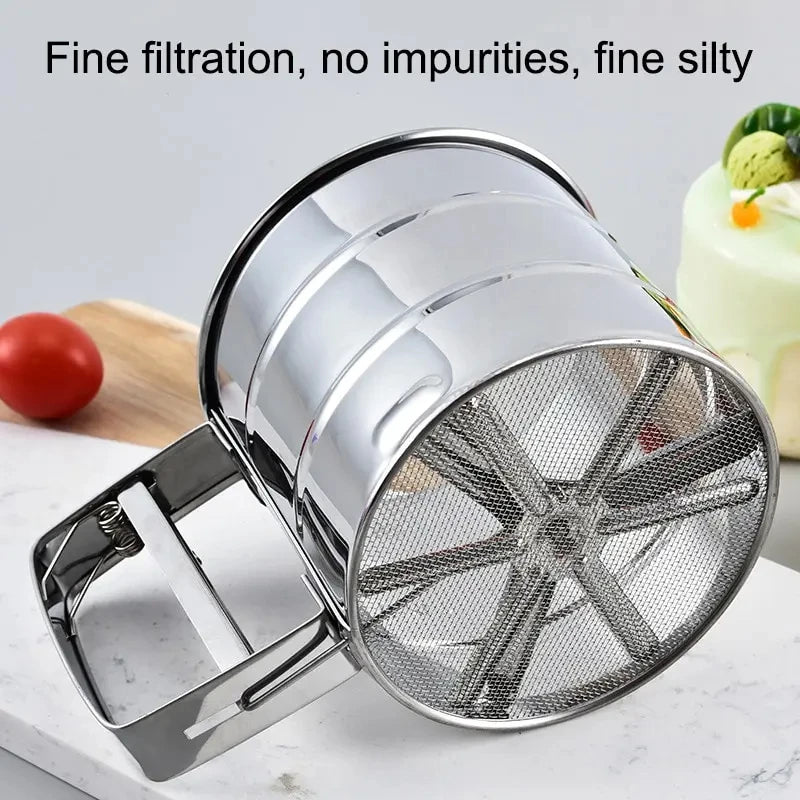 1PC Stainless Steel Flour Sifter with Hand Press – Fine Mesh Baking Tool
