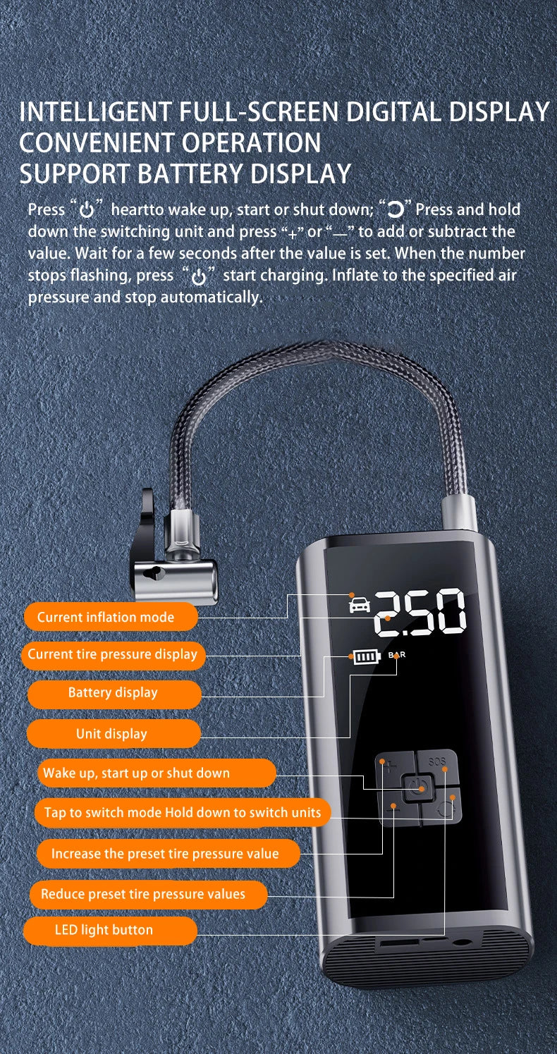 Portable Wireless Electric Car Air Pump with LED Light
