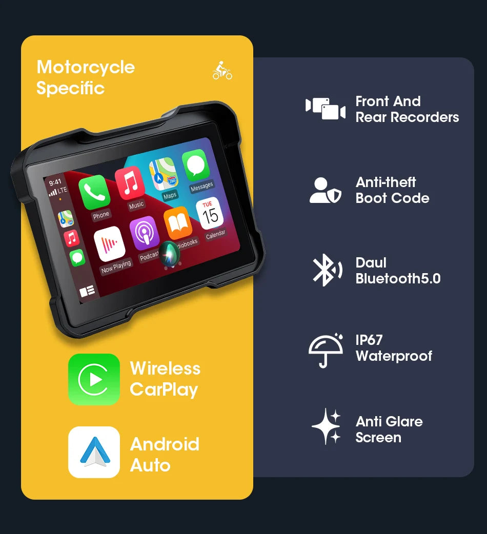 5" Motorcycle GPS DVR – Waterproof Dash Cam with CarPlay