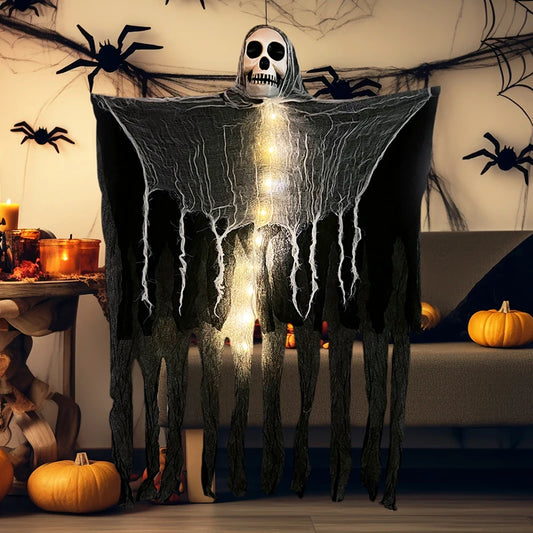 LED Hanging Ghost with Skull – Glowing Halloween Decoration