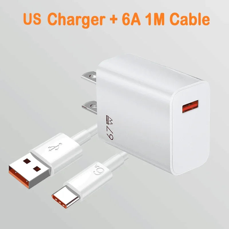 67W USB Super Fast Charger 6A Type C Cable Phone Power Adapter