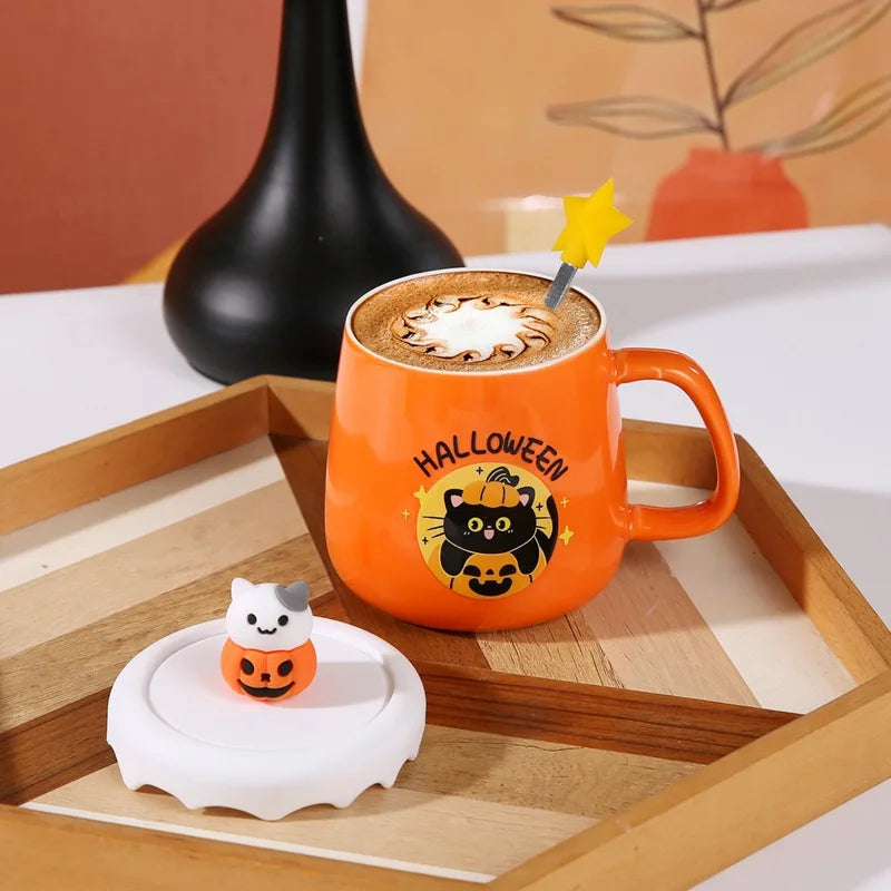 Halloween Pumpkin Ceramic Mug with Lid & Spoon Gift Set