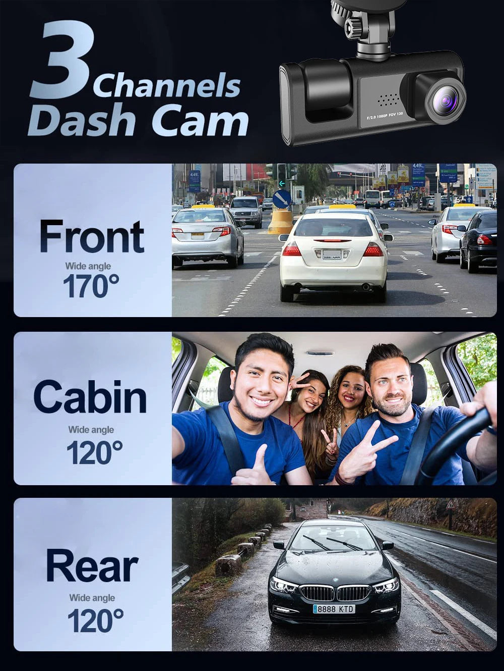 1080P 3-Lens Dash Cam with Interior View