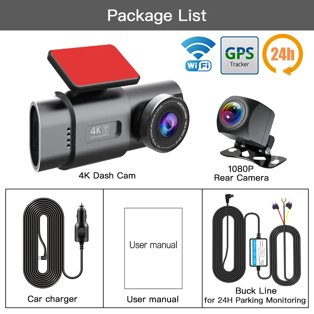4K+1080P Dual Lens Dash Cam – Night Vision & WiFi
