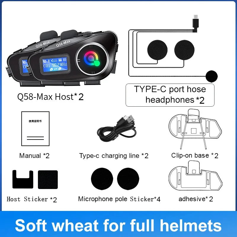 Q58 Bluetooth Motorcycle Helmet Intercom with LED & FM