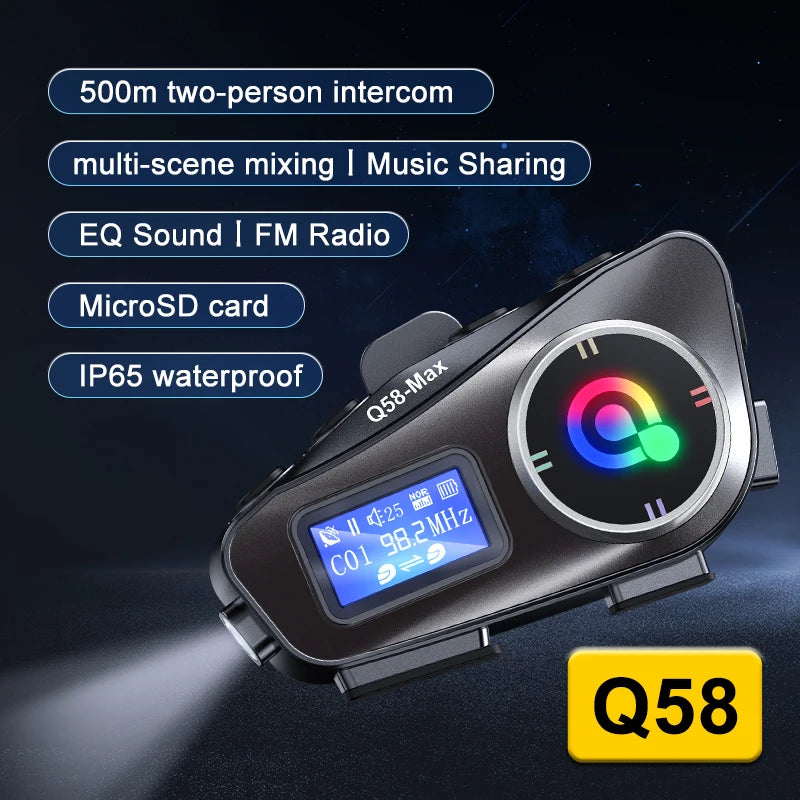Q58 Motorcycle Bluetooth Intercom with LED & FM