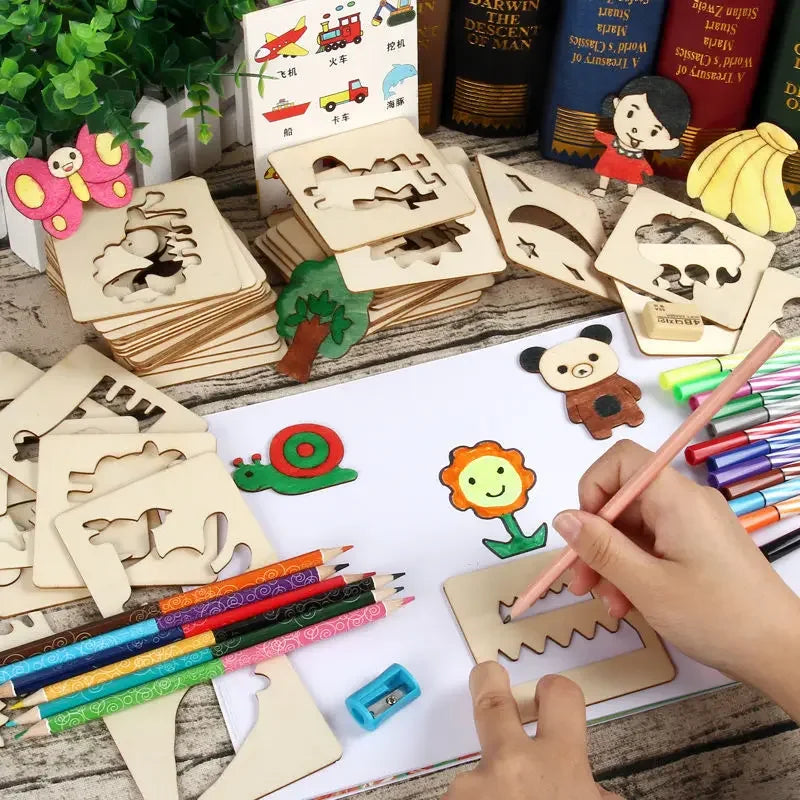 Montessori Wooden Drawing Stencils – 20pcs Creative Fun Set!