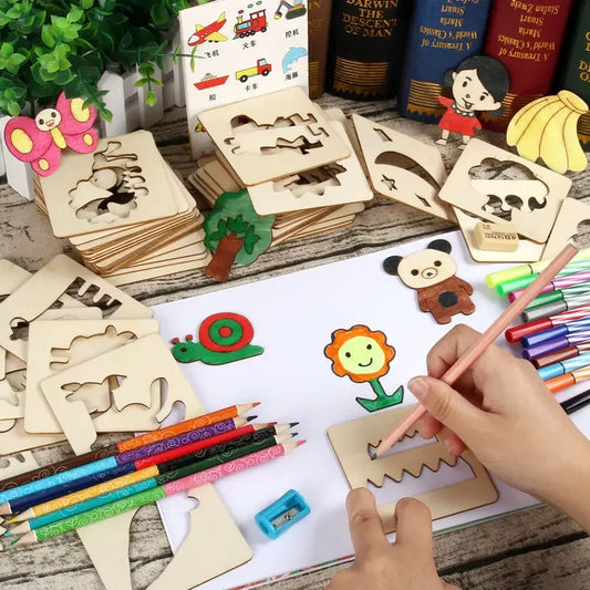 Montessori Wooden Drawing Stencils – 20pcs Creative Fun Set!