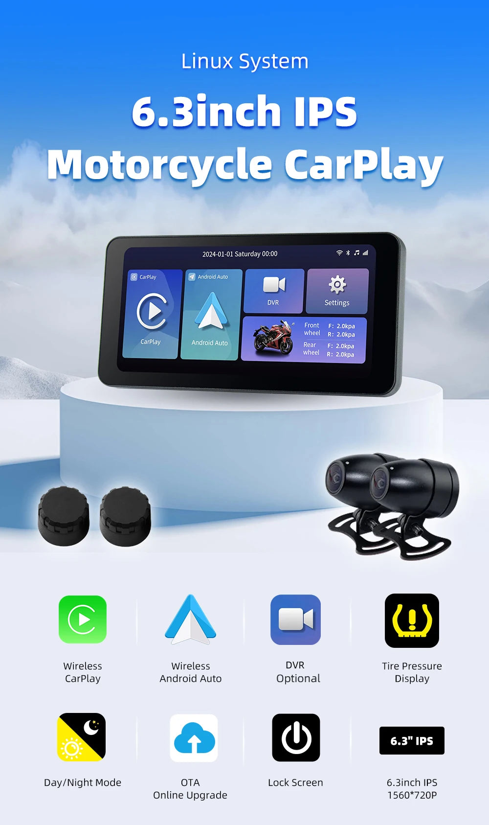EKIY 6.3" Wireless CarPlay Android Auto GPS