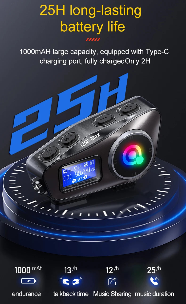 Q58 Bluetooth Motorcycle Helmet Intercom with LED & FM