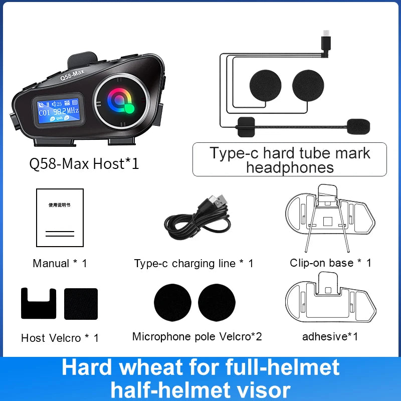 Q58 Bluetooth Motorcycle Helmet Intercom with LED & FM