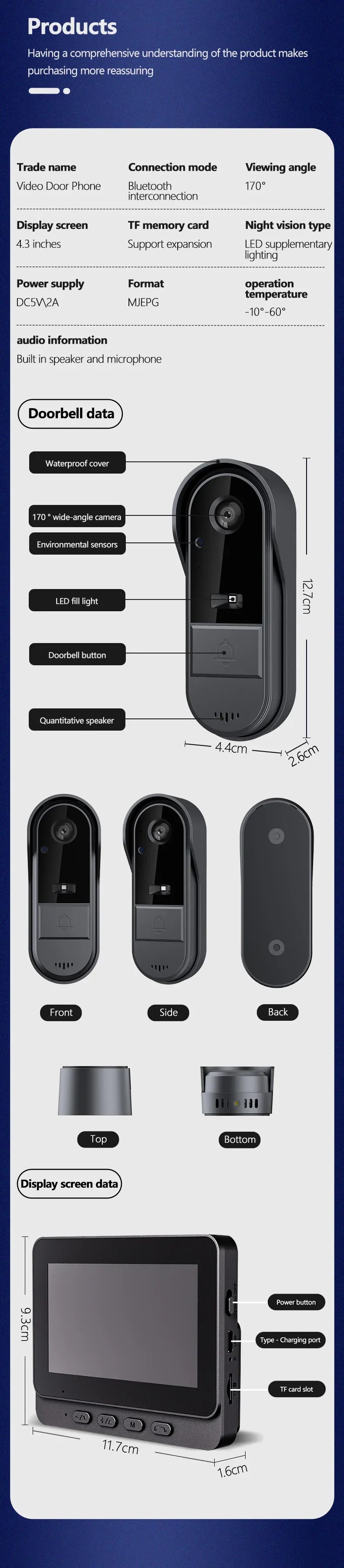 Wireless Intercom Doorbell with 4.3" HD Screen