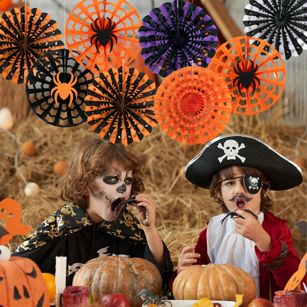 Halloween Paper Fans Set – Black & Orange Spider Web Décor