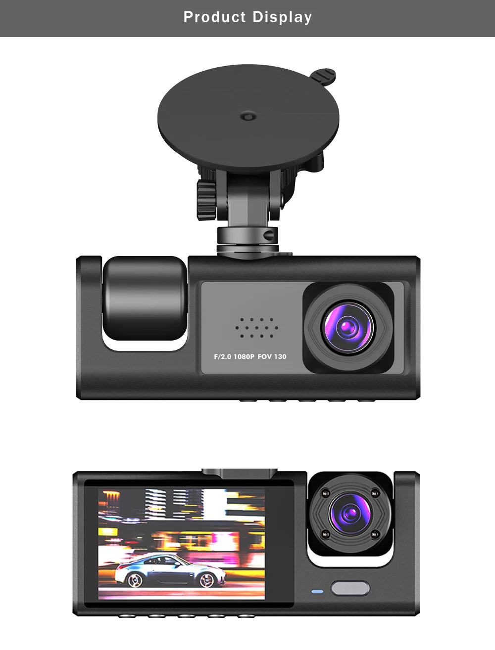 1080P 3-Lens Dash Cam with Interior View