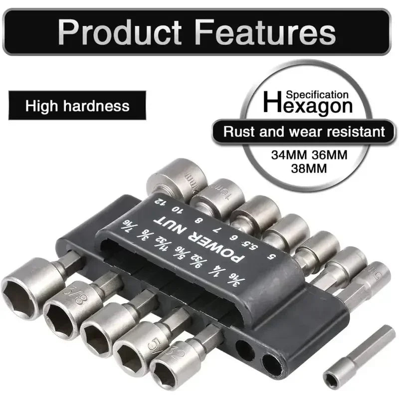 Power Nuts Driver Drill Bit Tools Set SAE and Metric Socket Wrench Screw.
