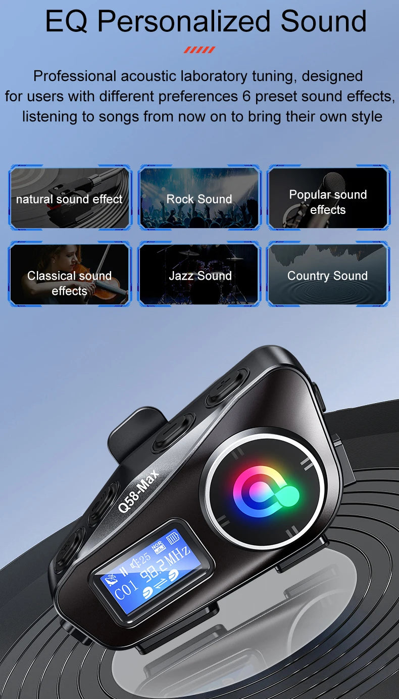 Q58 Bluetooth Motorcycle Helmet Intercom with LED & FM