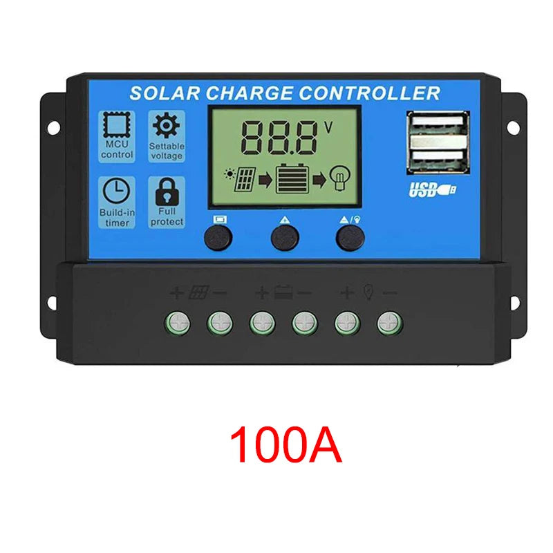10A–100A Solar Charge Controller with LCD & USB