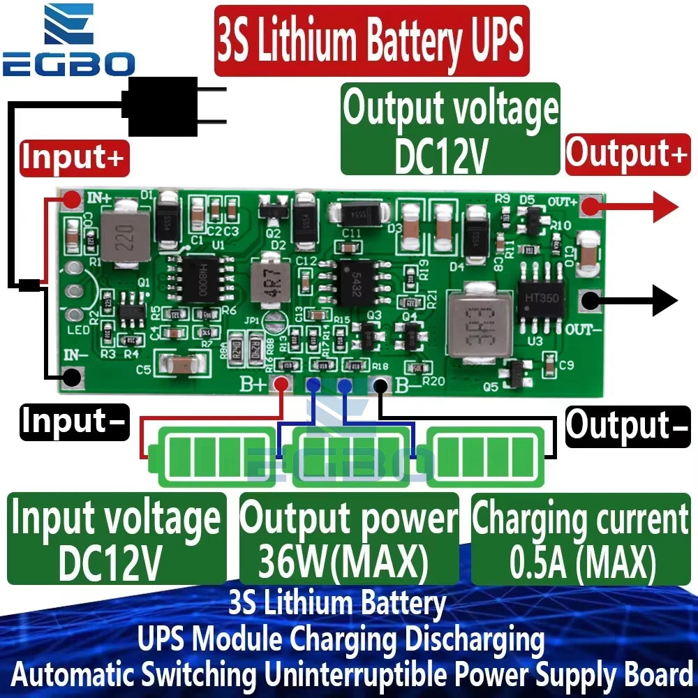 3S 12V Lithium Battery UPS Module – 24W/36W