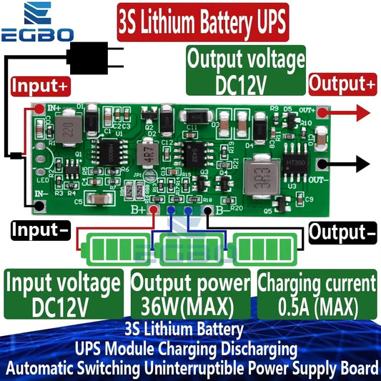 3S 12V Lithium Battery UPS Module – 24W/36W