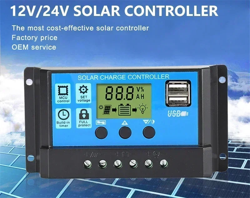 30W Solar Panel Kit with 20A/30A/60A Charge Controller & Clips