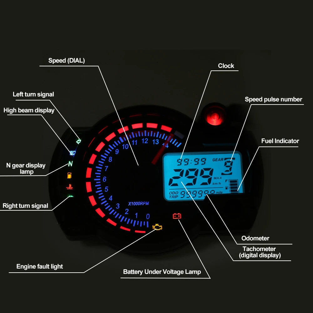 Digital LCD Motorcycle Speedometer 299KM/H Max
