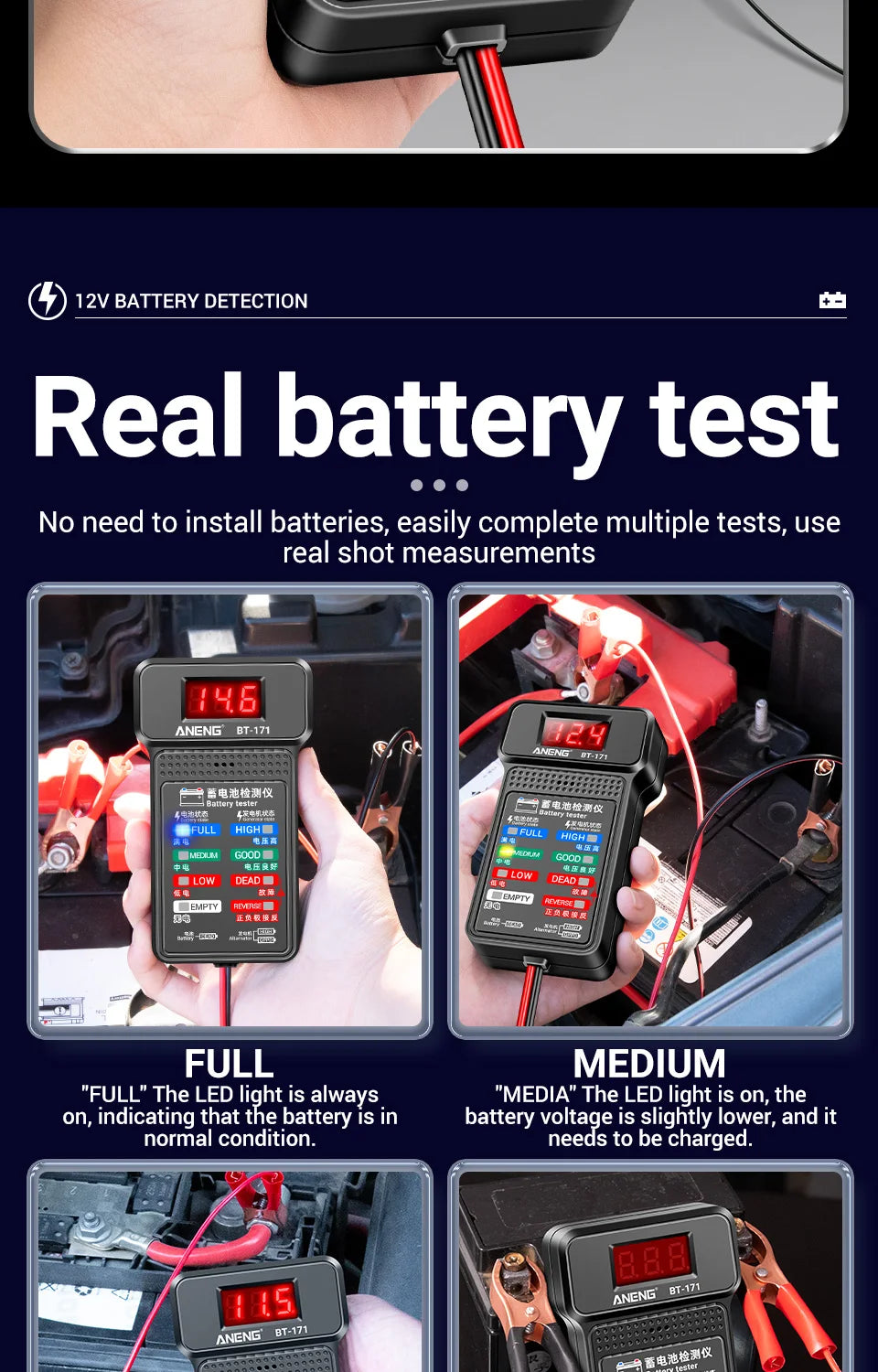 ANENG BT-171 12V Battery Tester – LED Display Diagnostic Tool