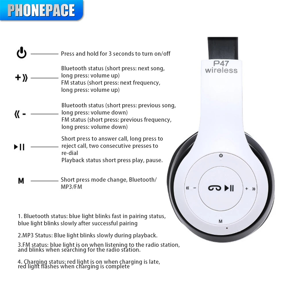 P47 Bluetooth 5.0 Wireless Folding Headset