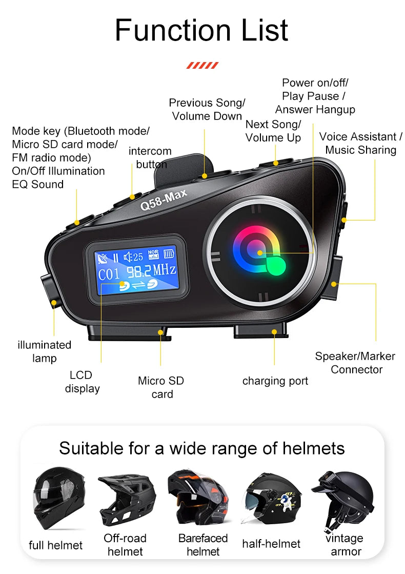 Q58 Bluetooth Motorcycle Helmet Intercom with LED & FM