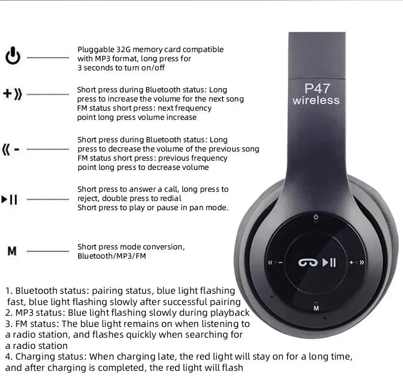Stereo P47 Headset 5.0 Bluetooth Headset Folding Wireless