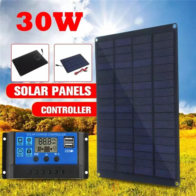 30W Solar Panel Kit with 20A/30A/60A Charge Controller & Clips