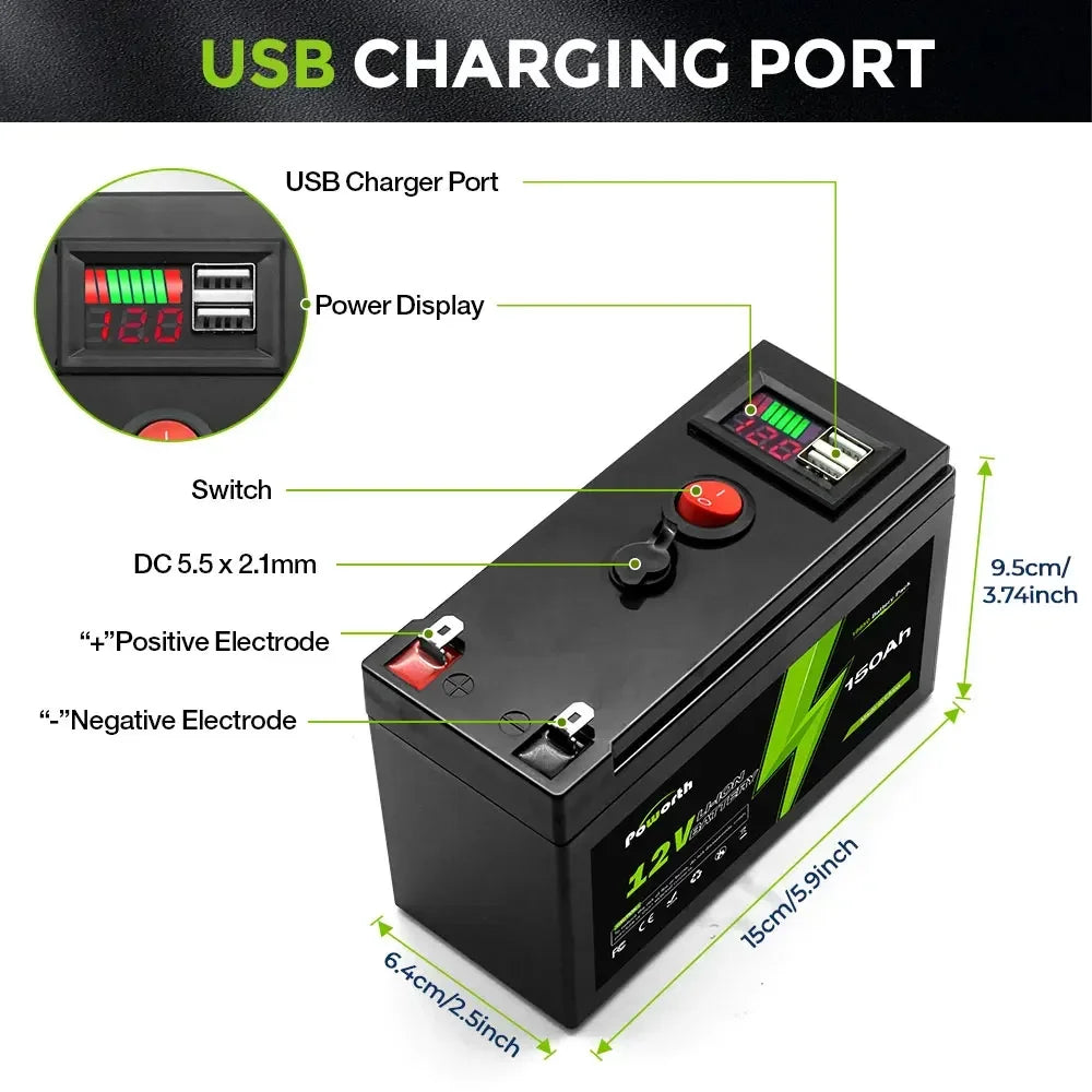 12V 150Ah Lithium Battery with BMS, 2000+ Cycles