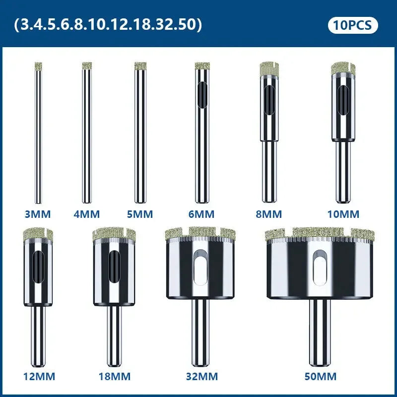 10PCS Diamond Hole Saw Drill Bit Set 3–50mm