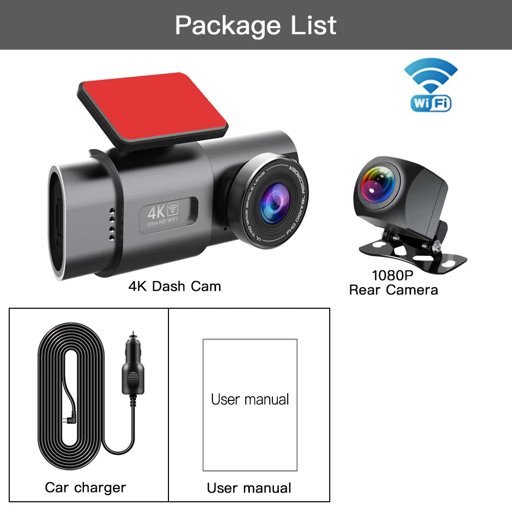 4K+1080P Dual Lens Dash Cam – Night Vision & WiFi