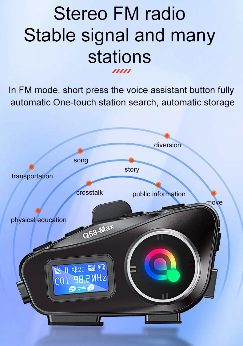 Q58 Bluetooth Motorcycle Helmet Intercom with LED & FM
