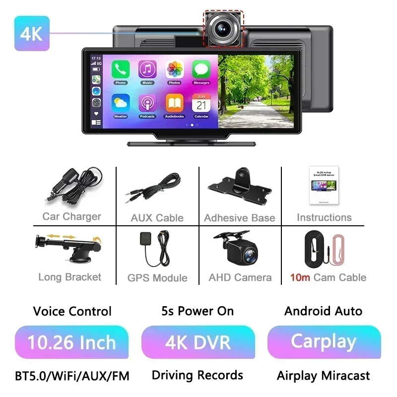 10.26'' 4K Dash Cam with Carplay & Android Auto