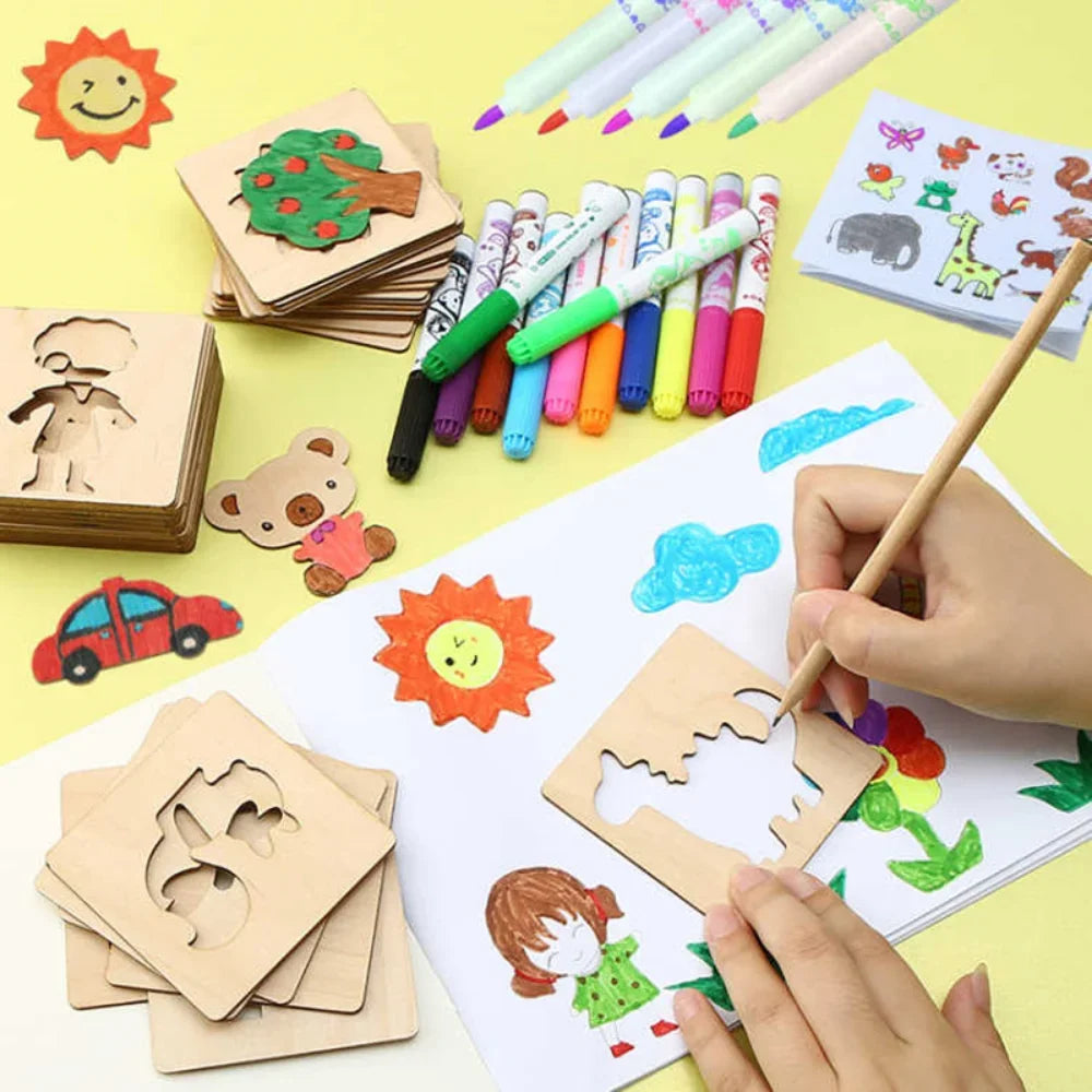 Montessori Wooden Drawing Stencils – 20pcs Creative Fun Set!