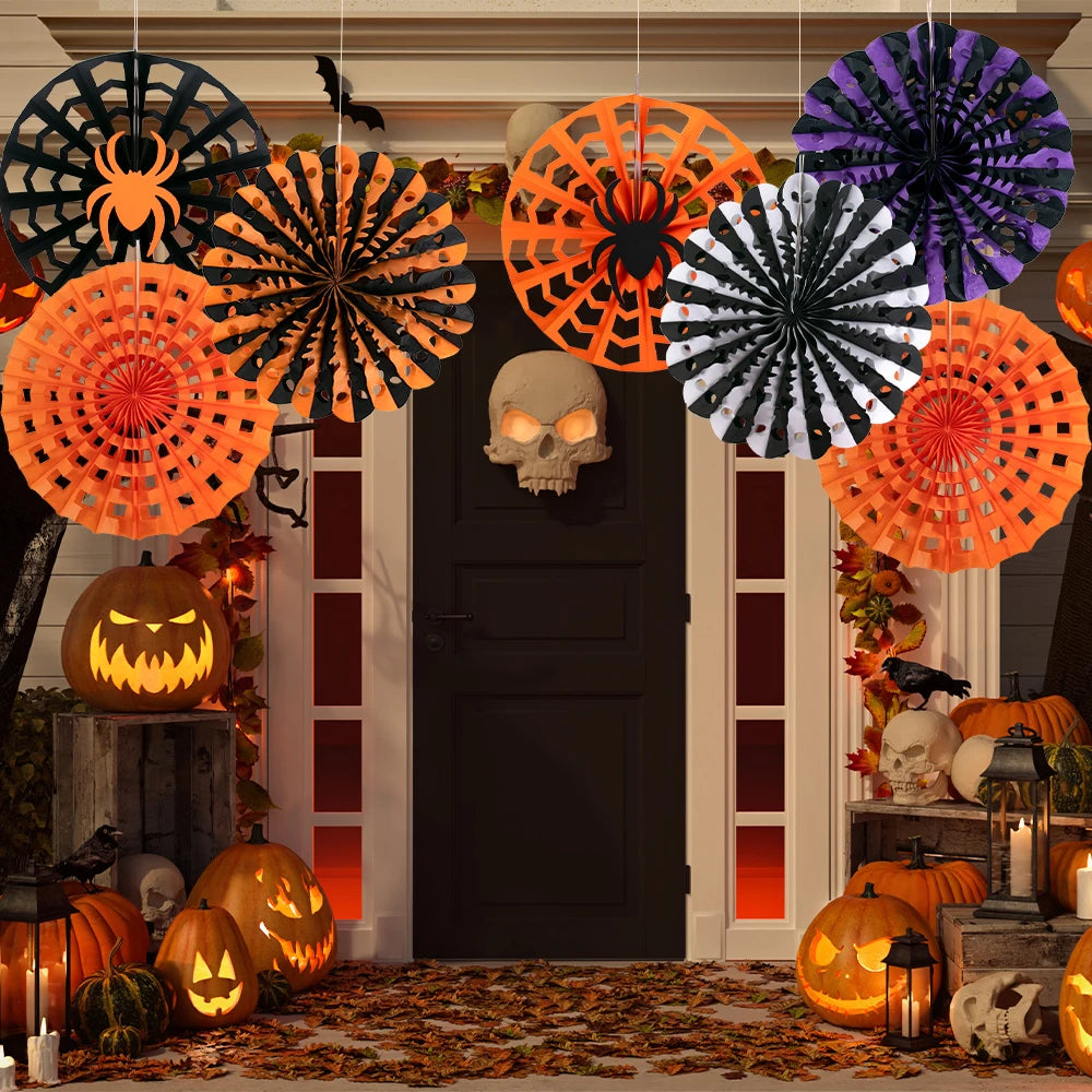 Halloween Paper Fans Set – Black & Orange Spider Web Décor