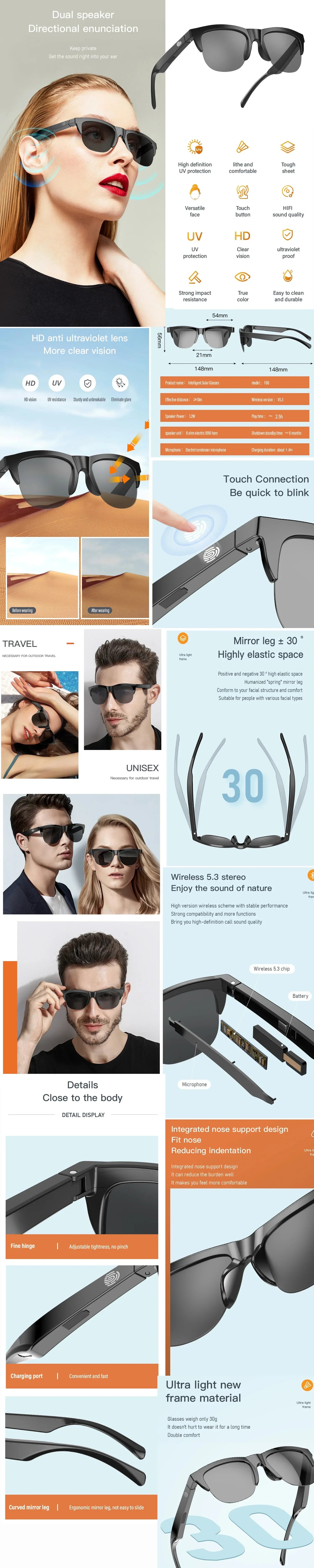 Smart Bluetooth Glasses with Mic & Speakers